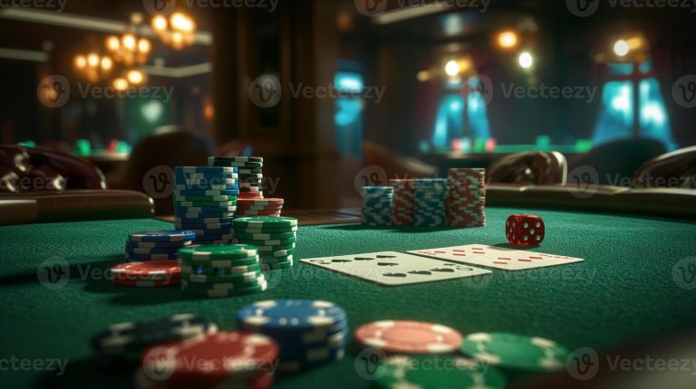 high-stakes-poker-game-setup-with-playing-cards-chips-and-dice-in-an-elegant-casino-interior-photo